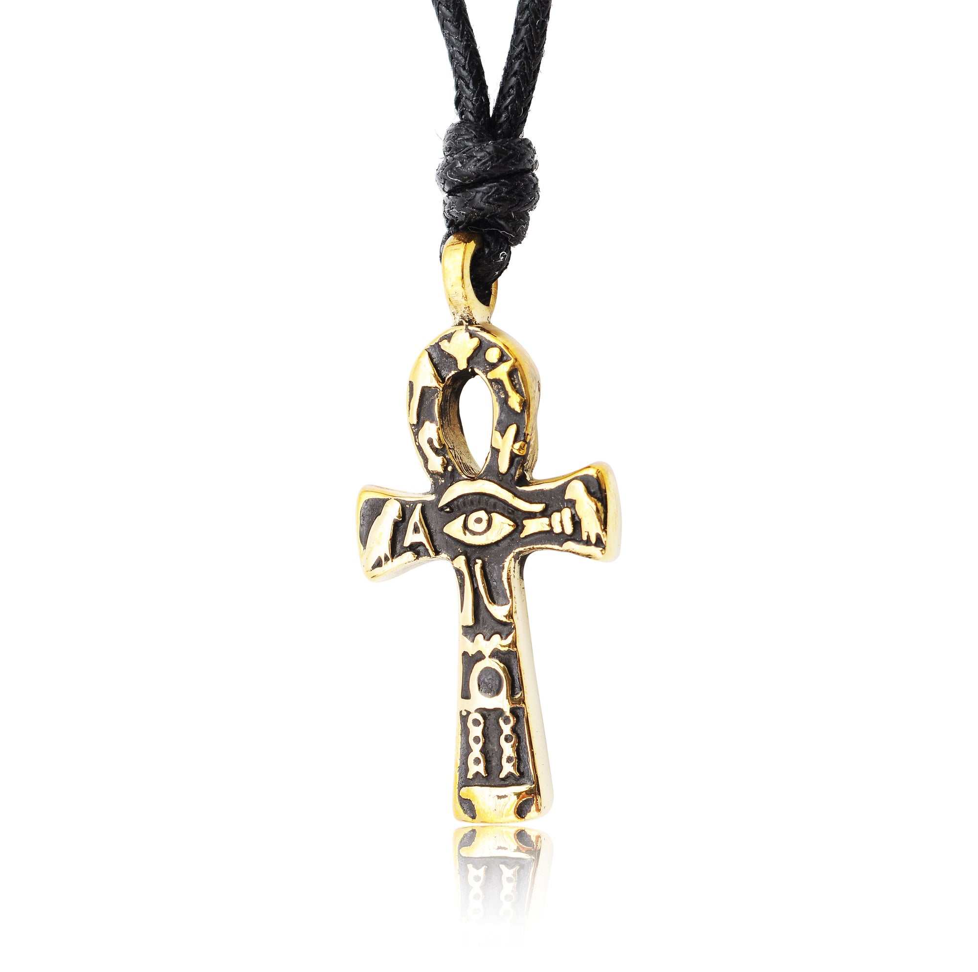 Kemite Ankh Key Eye of Ra Gold Brass/Sterling SIlver Necklace Pendant Jewelry With Cotton Cord