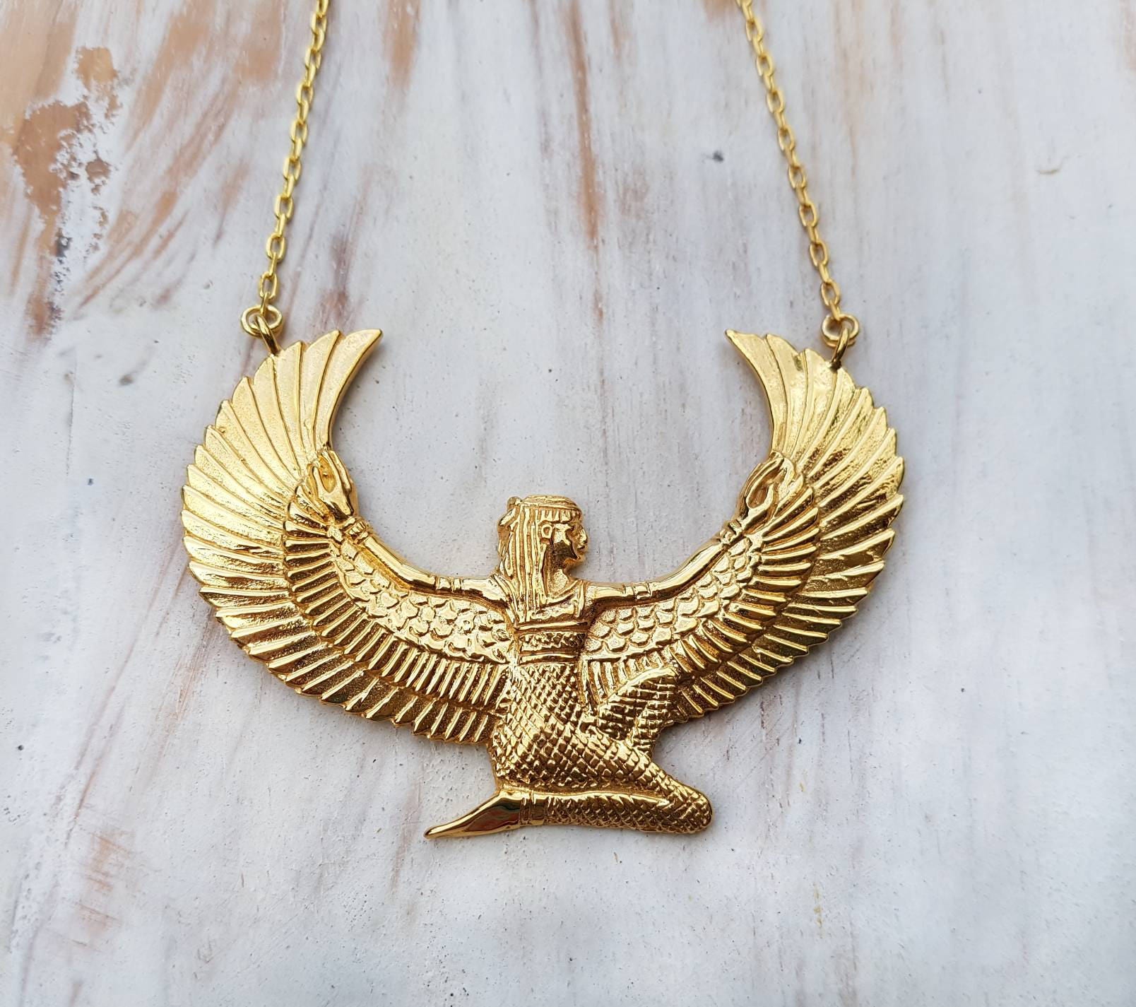 24Ct Gold Dipped Auset Ma'at Egyptian Goddess Isis Necklace - Medium