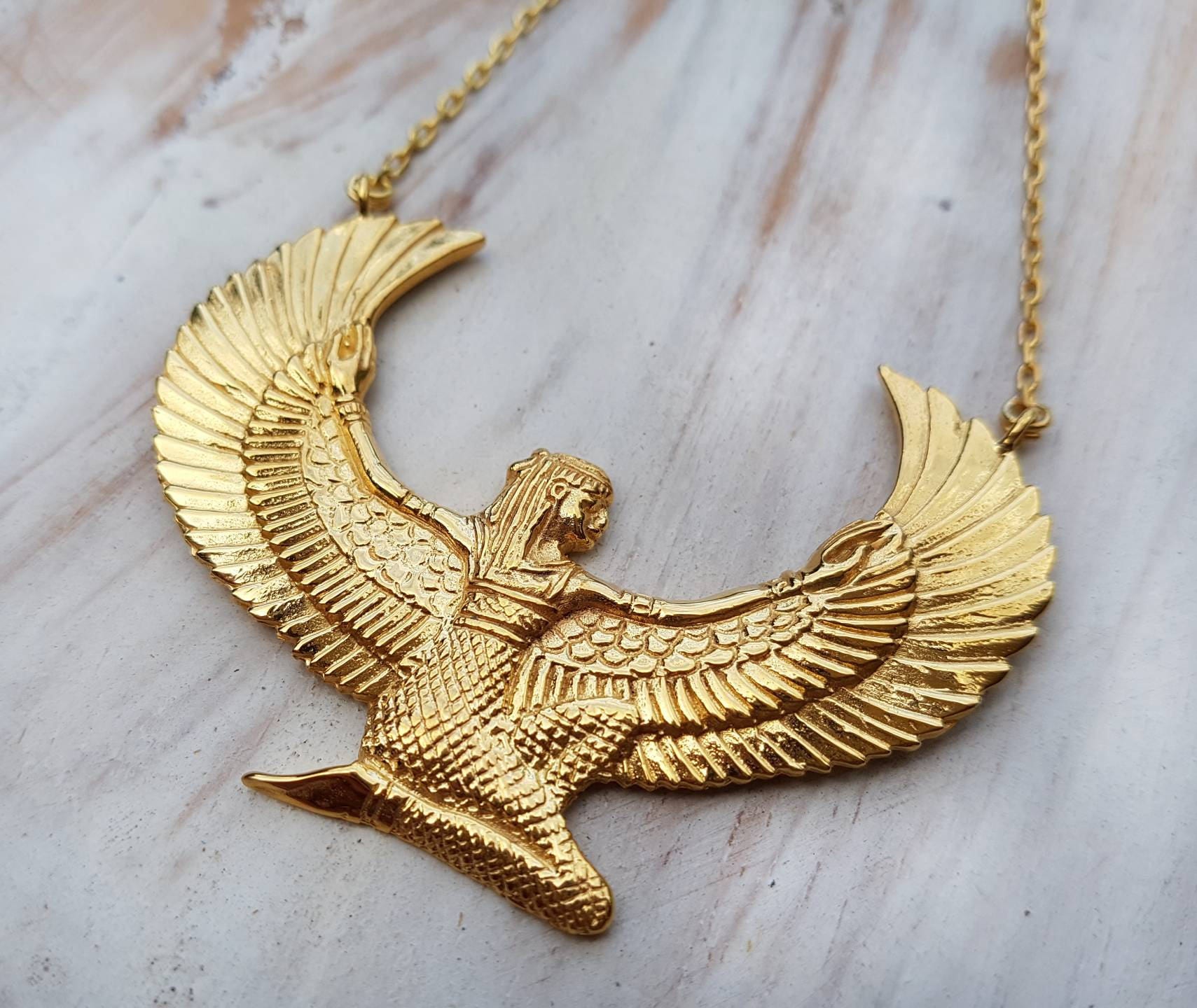 24Ct Gold Dipped Auset Ma'at Egyptian Goddess Isis Necklace - Medium
