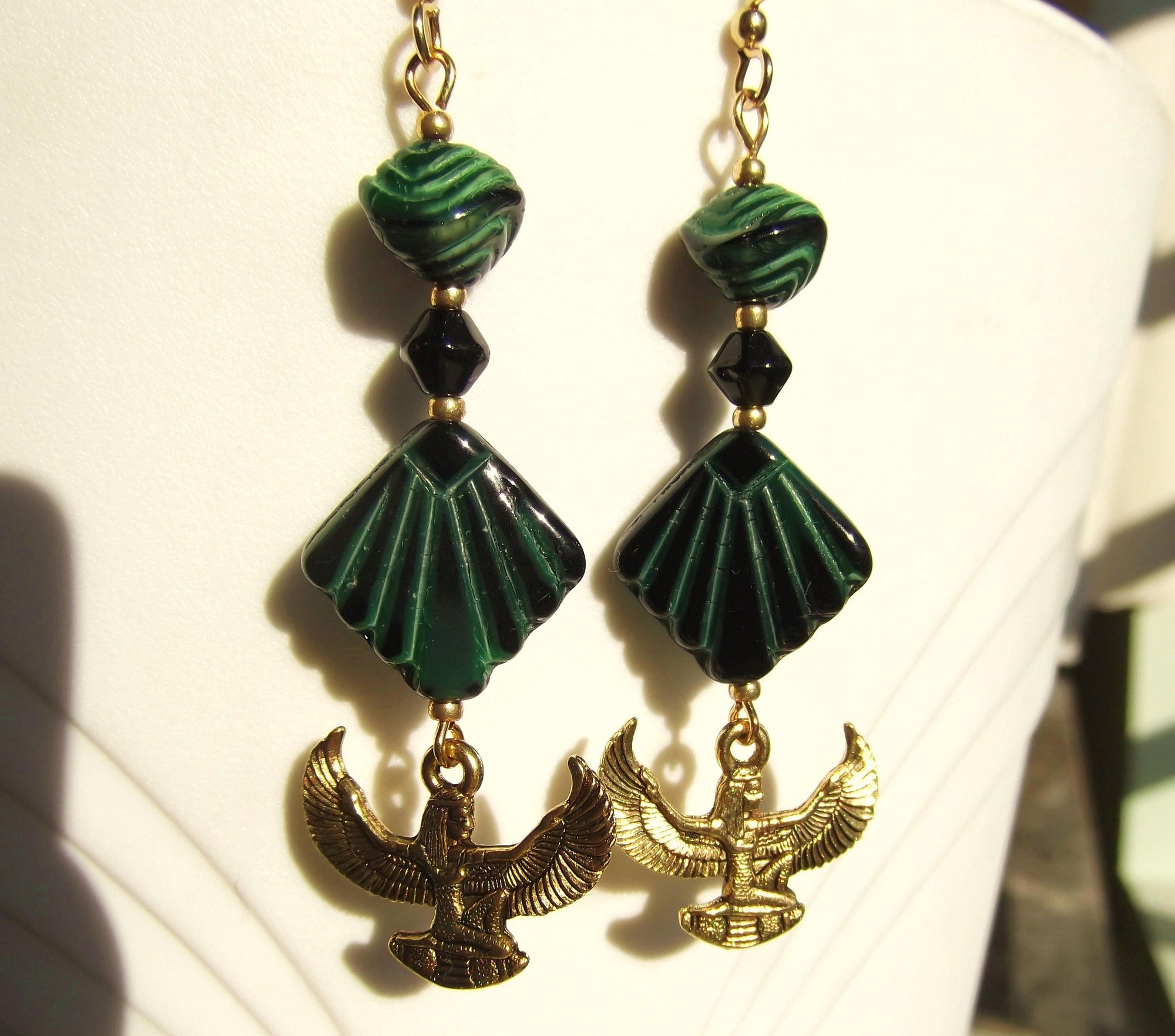 Kemite Egyptian Revival Winged Aset Isis Malachite Glass and Black Glass Art Deco Dangle Earrings