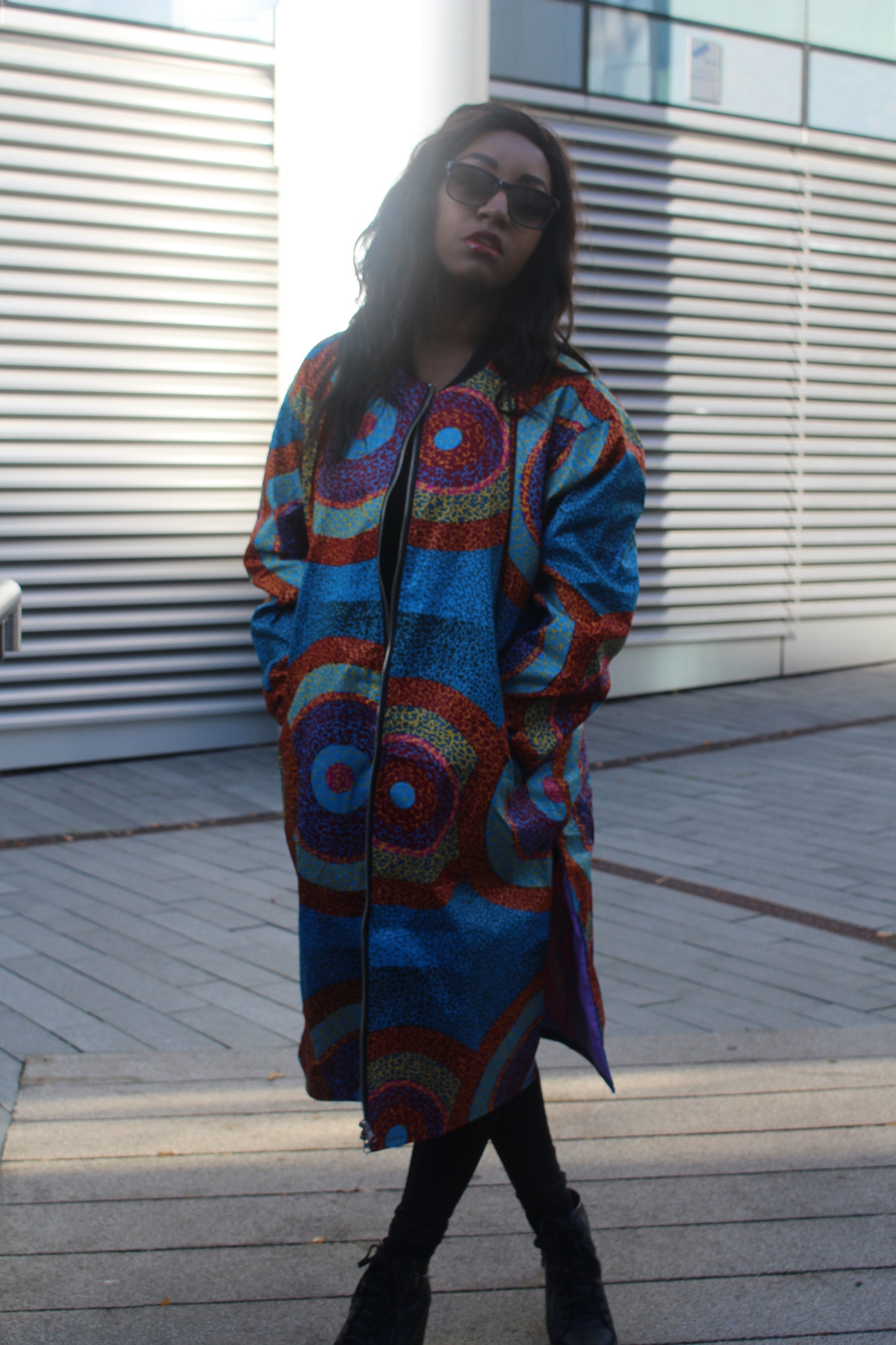 African Trench Coat in Blue Ankara Print - Festival Coat