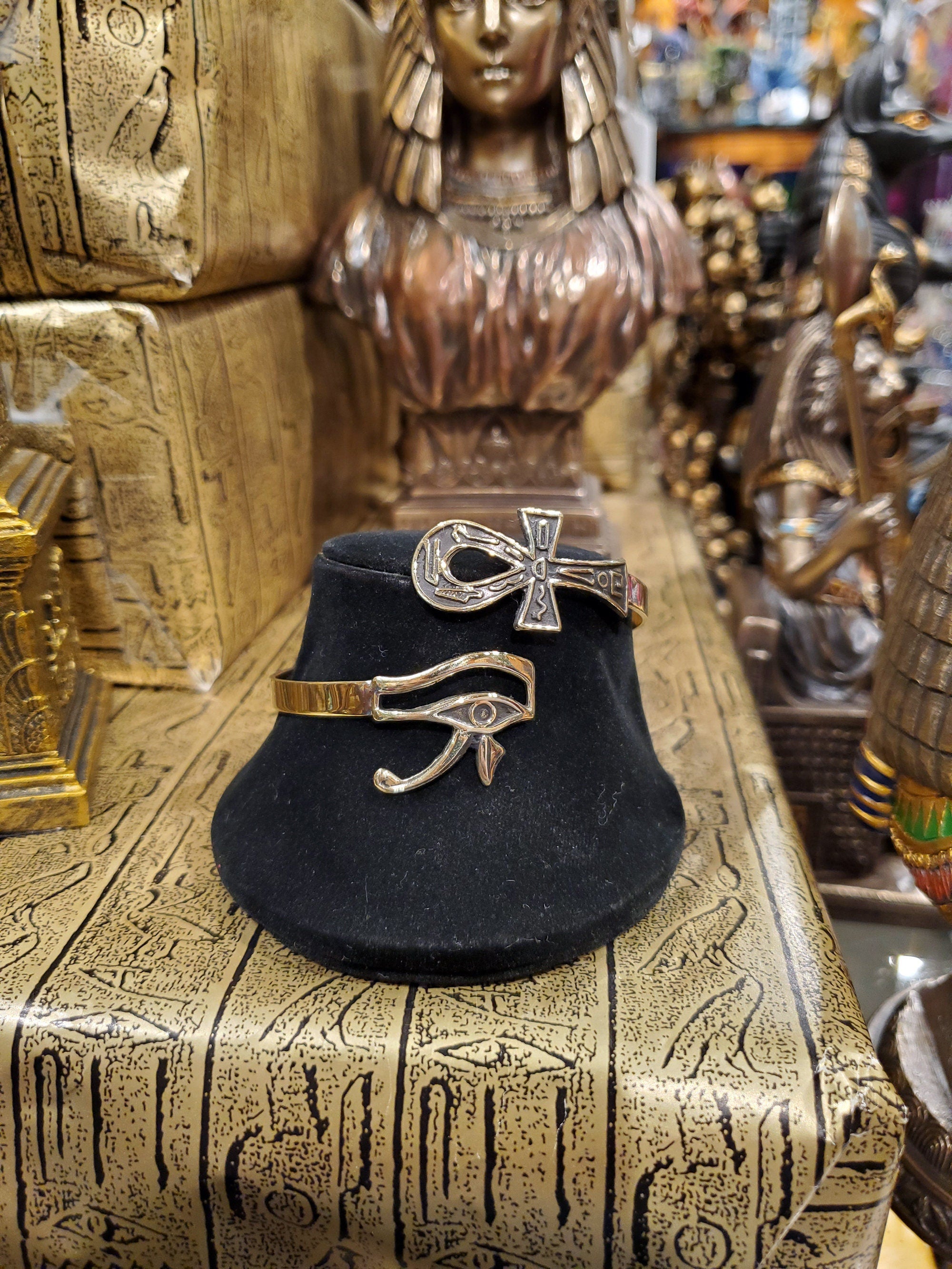 Vintage Kemite Brass Eye of Heru & Engraved Ankh Adjustable Bangle - Handmade in Egypt - Solid Brass