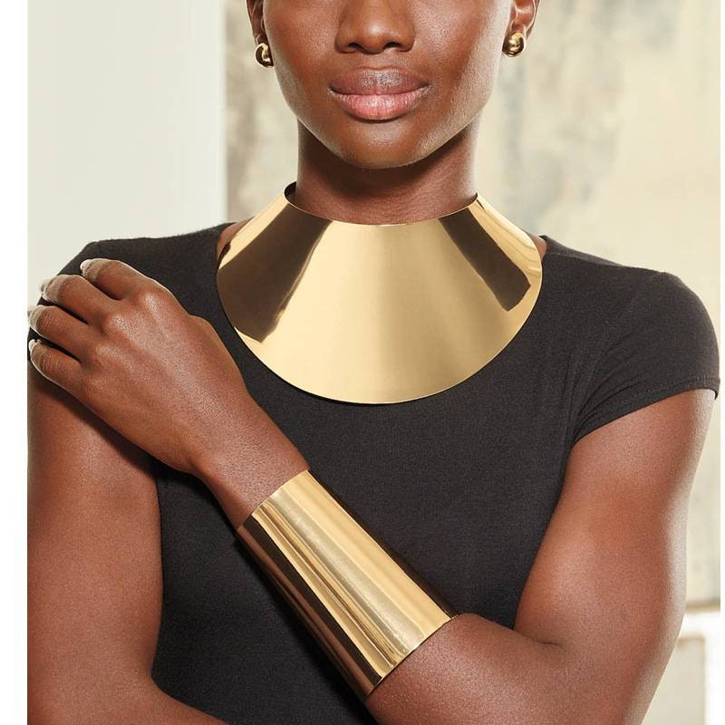 African Metal Statement Choker Necklace & Big Bangle Jewelry Set
