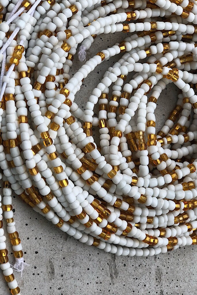 Extended Length 60 Inch Mykonos White and Gold Waist Beads