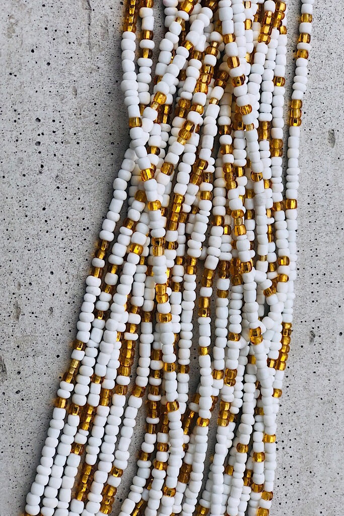 Extended Length 60 Inch Mykonos White and Gold Waist Beads
