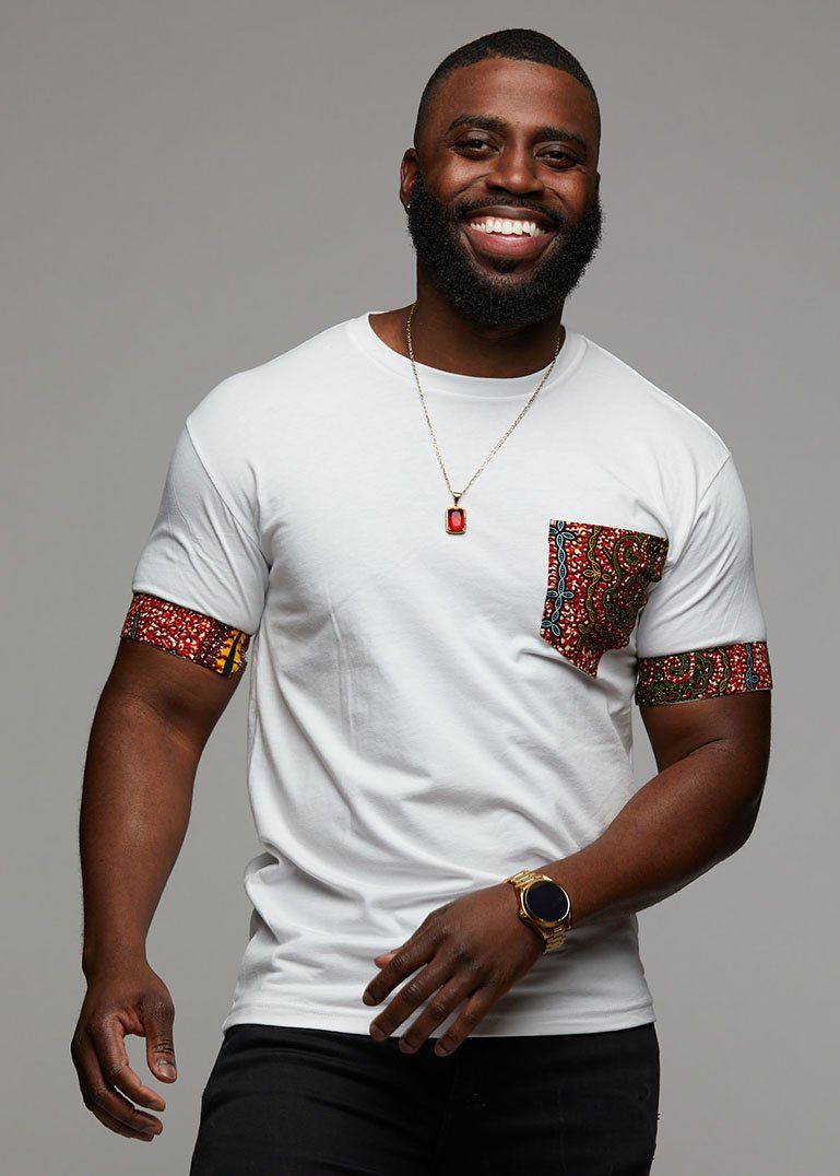 Seun Men's African Print T-Shirt with Pocket (Orange Tortoise Back)