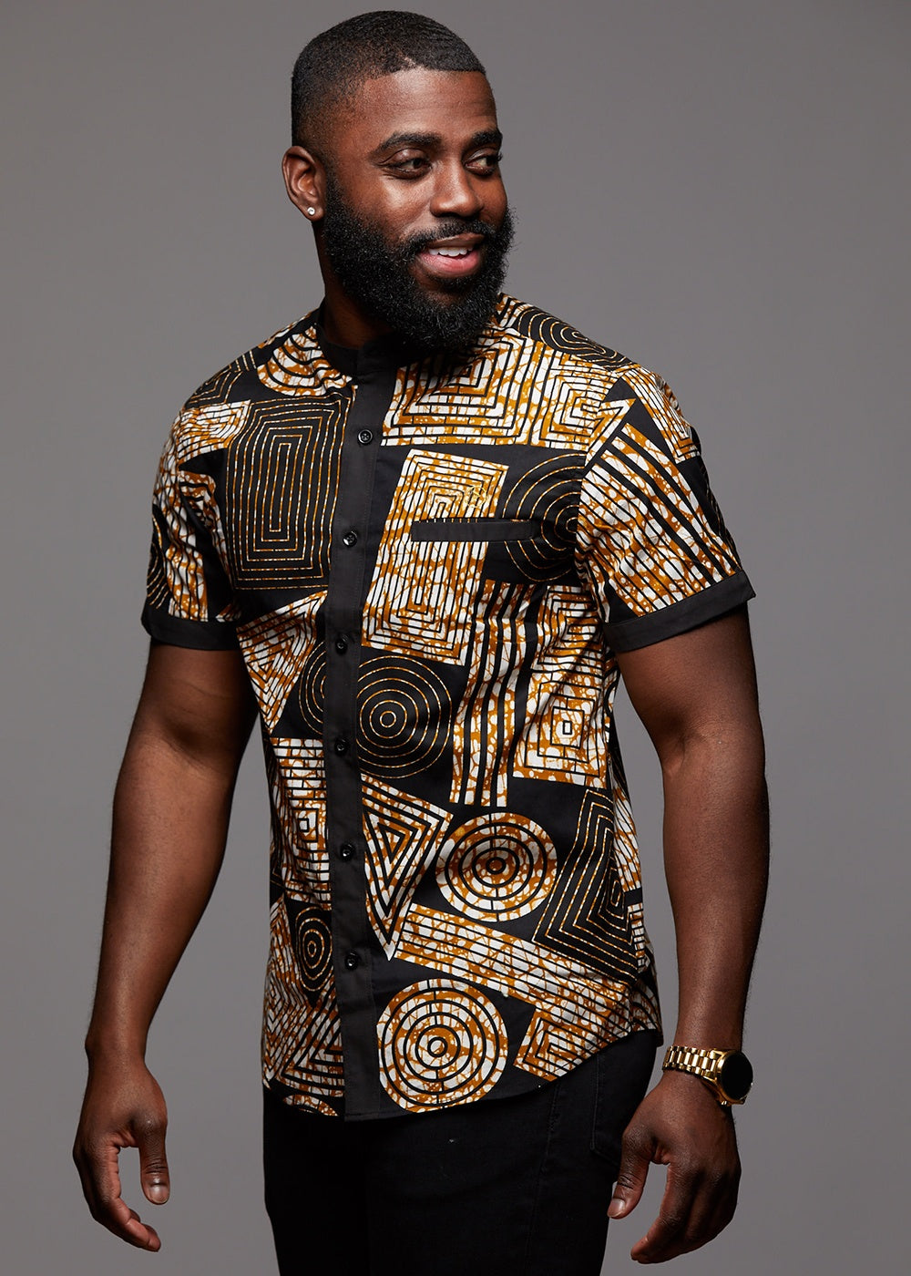 Olu Short Sleeve Mandarin Button-Up African Print Shirt (Black/Brown Geometric)