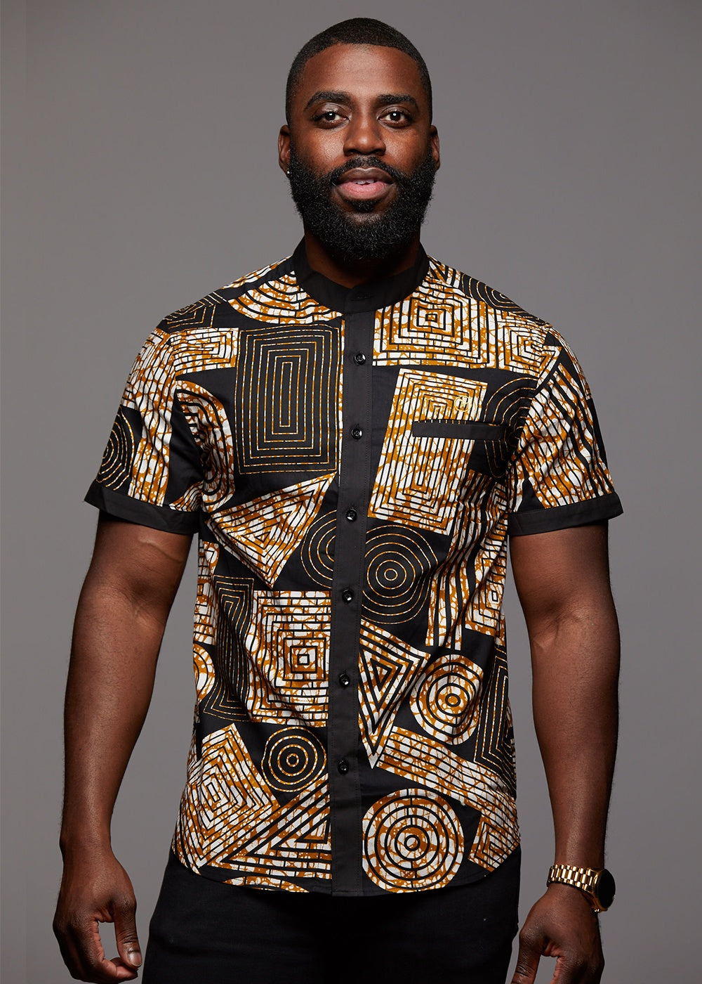 Olu Short Sleeve Mandarin Button-Up African Print Shirt (Black/Brown Geometric)