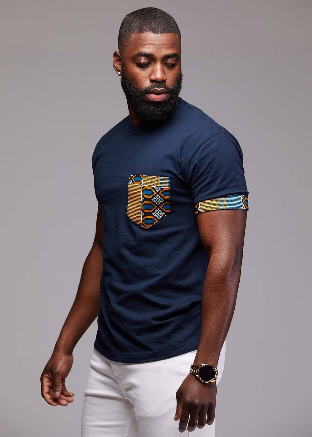 Seun Men's African Print T-Shirt with Pocket (Blue/Tan Navy)